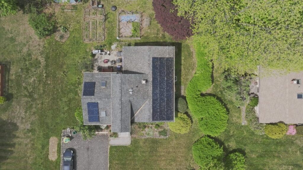 Roof with solar panels on it.